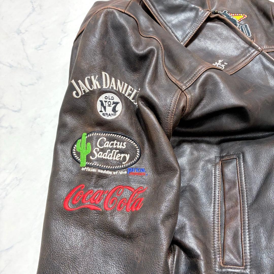激シブ✨VINTAGE レザージャケット ライダース ワッペン ブラウン L