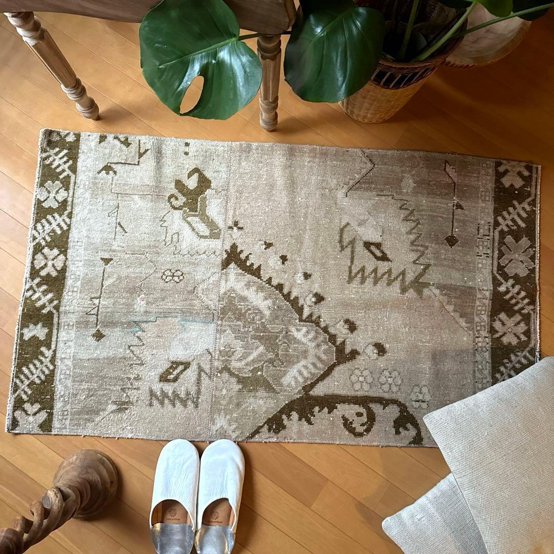 71×124ウール　ベージュ×ブラウン　パッチワーク　トルコヴィンテージラグ