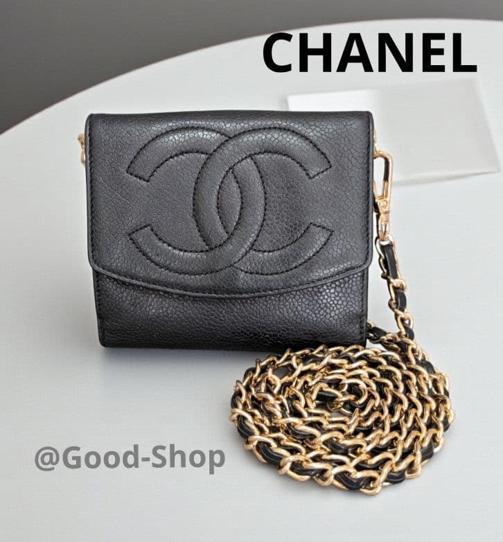 シャネル　デカココ　Wホック折り財布　キャビアスキン　黒　ミニチェーンウォレット