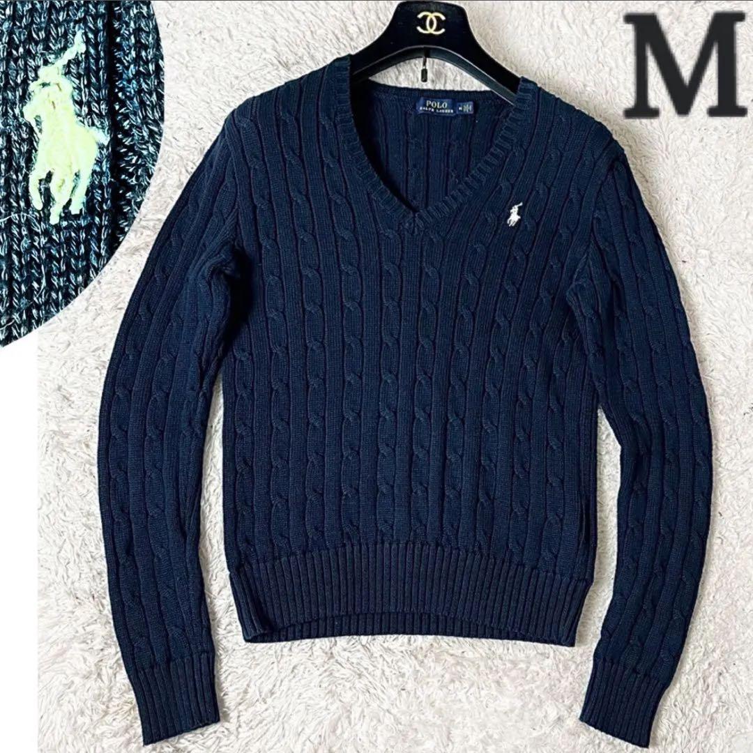 ✖︎ ポロラルフローレン コットン ケーブル ニット ロゴ刺繍 ネイビー 紺 M