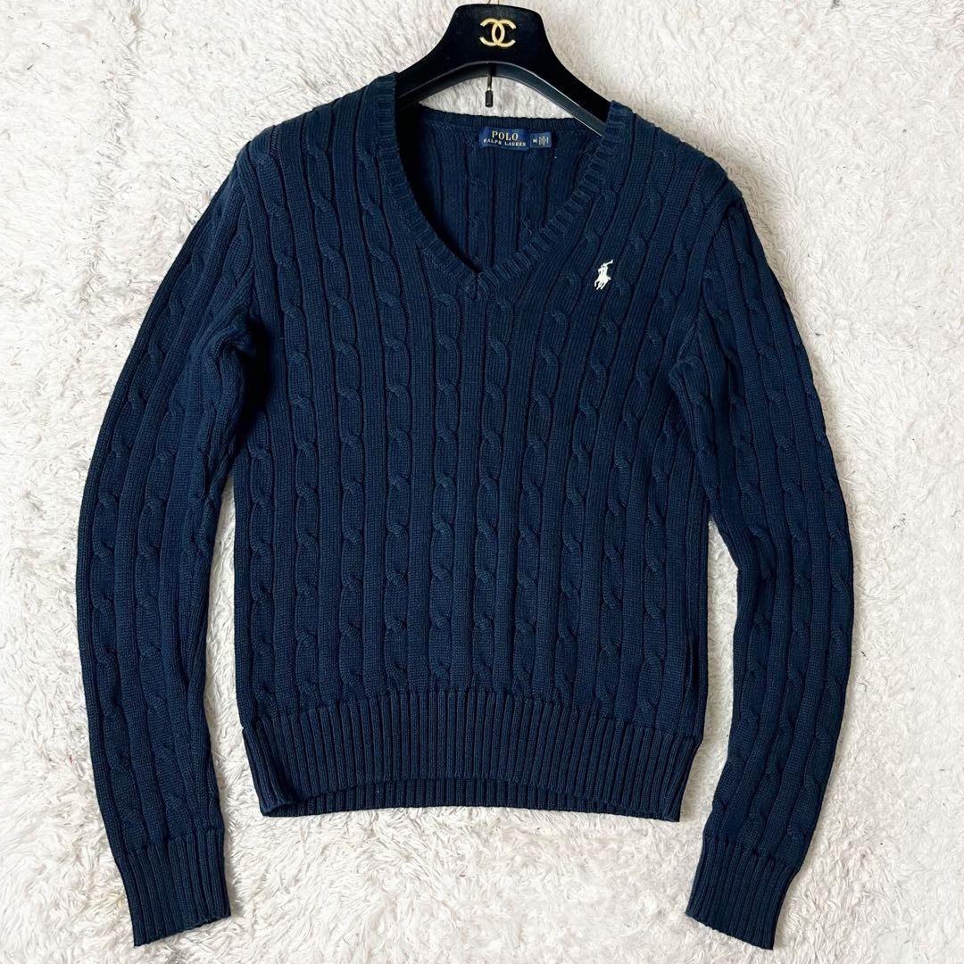 ✖︎ ポロラルフローレン コットン ケーブル ニット ロゴ刺繍 ネイビー 紺 M
