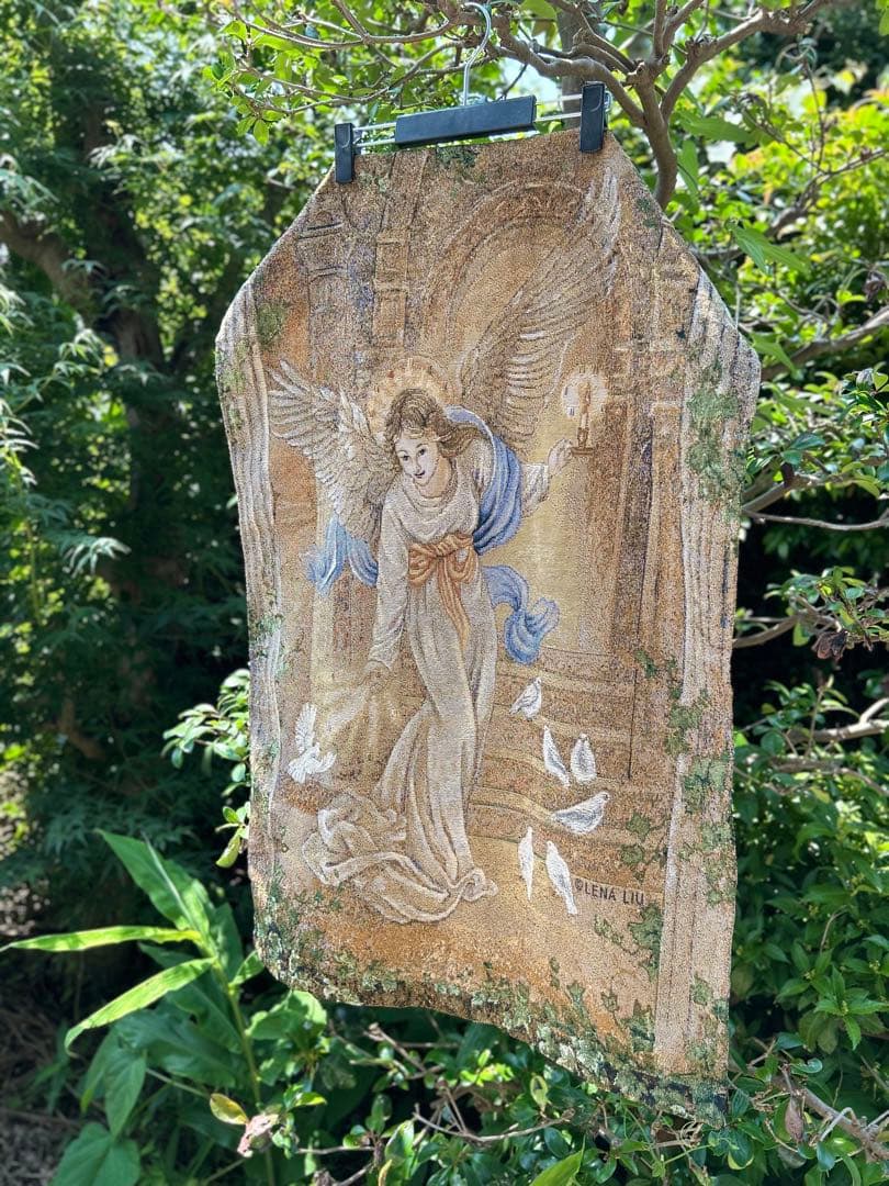 フランスアンティーク　タペストリー　大天使ガブリエル　作家名あり　ゴブラン織り