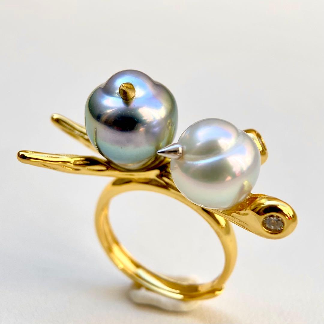 本真珠南洋黒蝶と白蝶真珠オーシャンブルーとブルー無調「鳥と枝」リングY1028