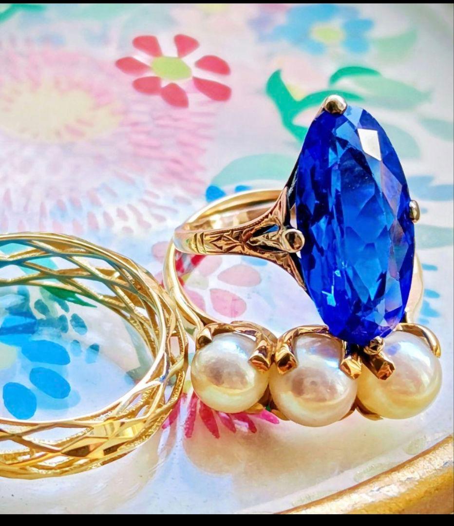 希少✨️戦前✧*。K18 合成サファイア ２色金 昭和ヴィンテージリング 6号