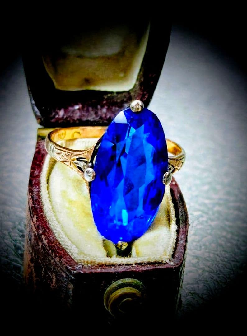 希少✨️戦前✧*。K18 合成サファイア ２色金 昭和ヴィンテージリング 6号