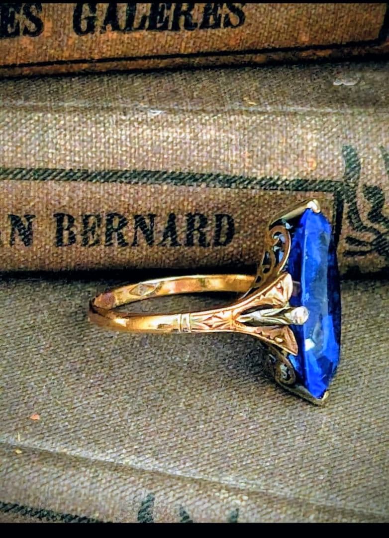 希少✨️戦前✧*。K18 合成サファイア ２色金 昭和ヴィンテージリング 6号