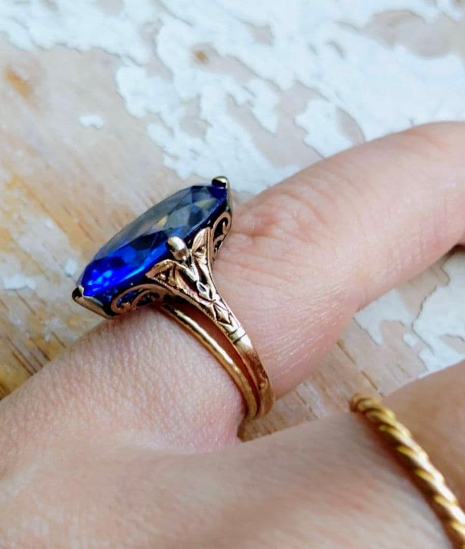 希少✨️戦前✧*。K18 合成サファイア ２色金 昭和ヴィンテージリング 6号