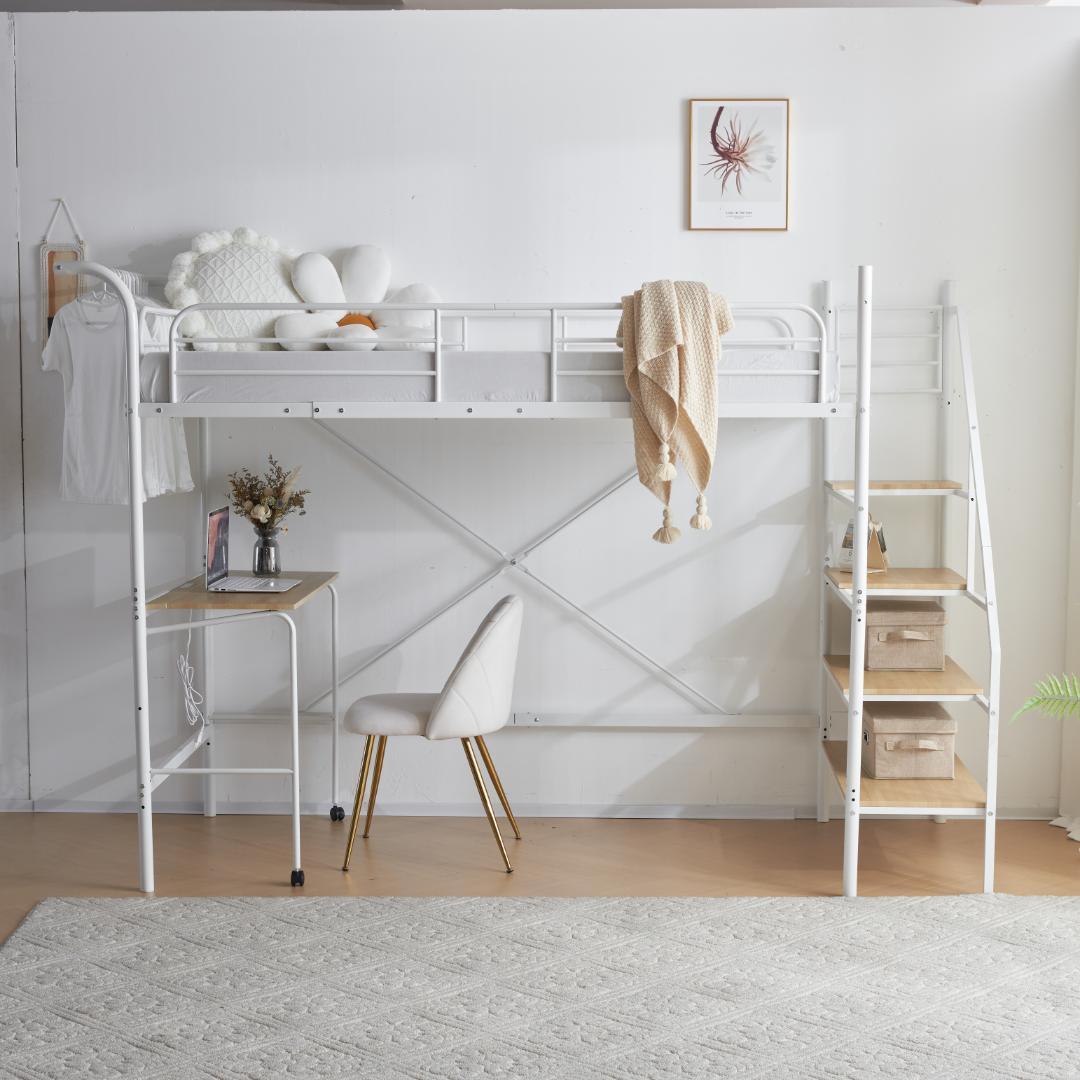 システムベット ロフトベッド シングル デスク付きコンセント付き収納付きホワイト