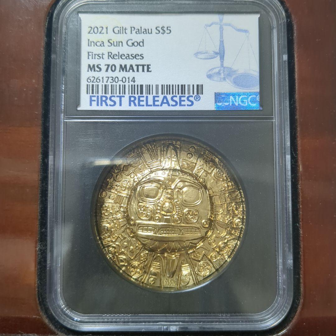 【NGC MS70】2021 パラオ $5 インカ太陽神 金色記念貨