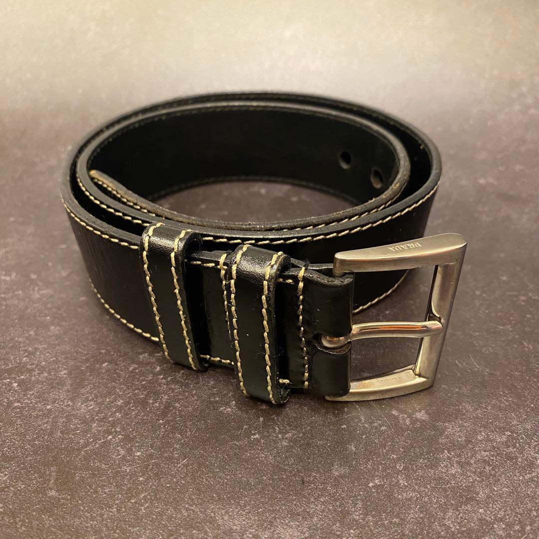 プラダ　PRADA　レザーベルト　シルバーバックル　黒　ブラック
