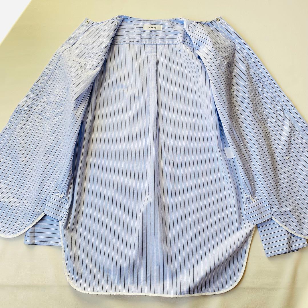【美品】ebure　エブール　ストライプ長袖シャツ　バンドカラー　ロゴ刺繍