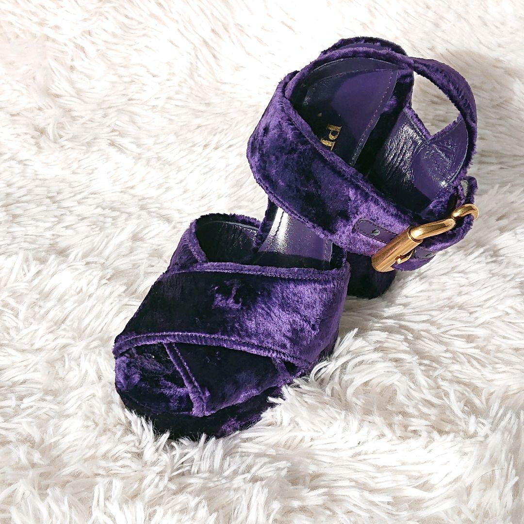 PRADA ベロア ベルベット プラットフォーム サンダル ゴールド金具 紫